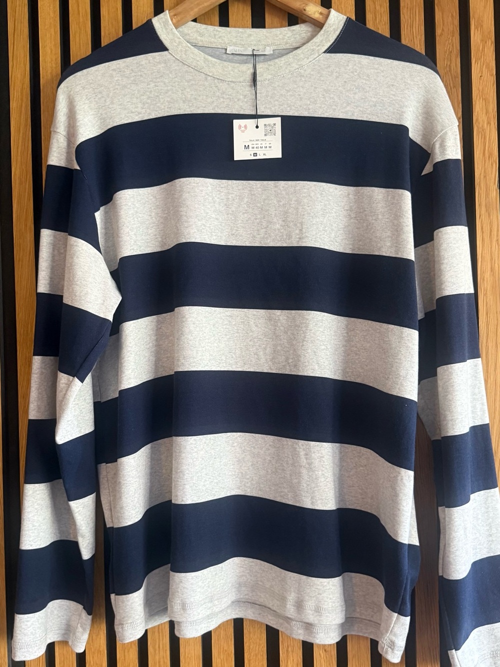 Zara NWT Navy/Light Grey Wide Striped Long-Sleeve Crewneck Shirt